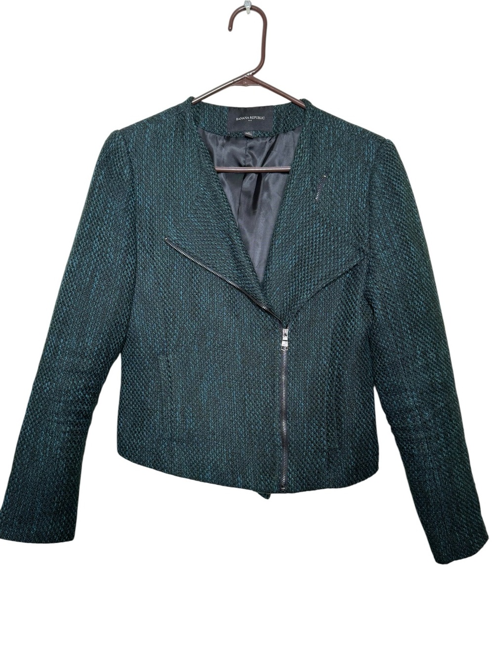 Banana Republic Women's Teal Tweed A Symmetrical Zip-Front Jacket Size 6